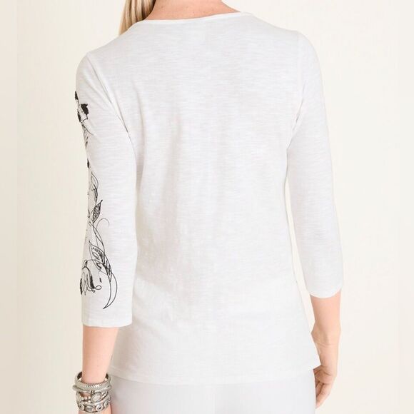 CHICO’S FLORAL Script-Print Seed Bead & Embroidery Embellished 3/4 Sleeve V-Neck - Picture 8 of 9